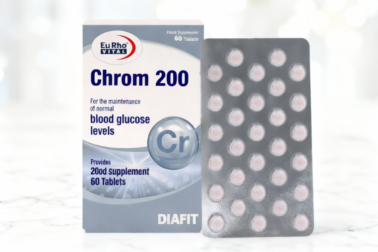 قرص کروم ۲۰۰ یوروویتال روی سطح مرمر سفید